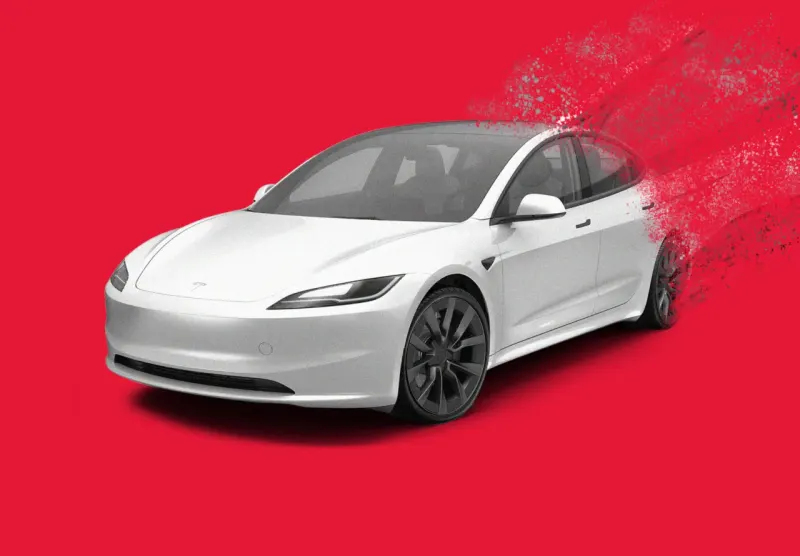 An electric car battery drains into a glowing artificial intelligence brain, symbolizing Tesla’s funding gamble.
