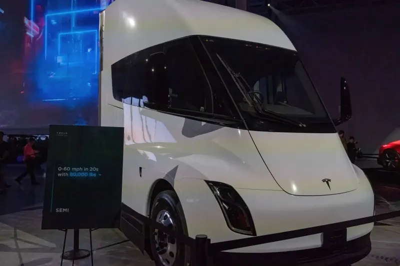 A truck-shaped battery rises above black fuel while a market gauge barely moves, reflecting investor doubt.