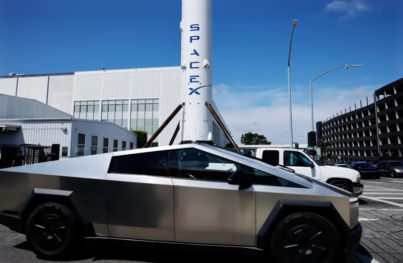 A car and rocket fused at a cracking joint symbolize the risks of a Tesla and SpaceX merger.