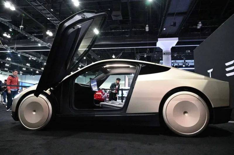 A driverless taxi chess piece advances onto a crowded board, symbolizing Tesla's planned robotaxi expansion.