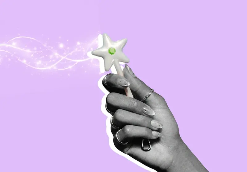 A jeweled magic wand unlocks a shopping bag with contactless signal rings, symbolizing personalized tap-to-pay.