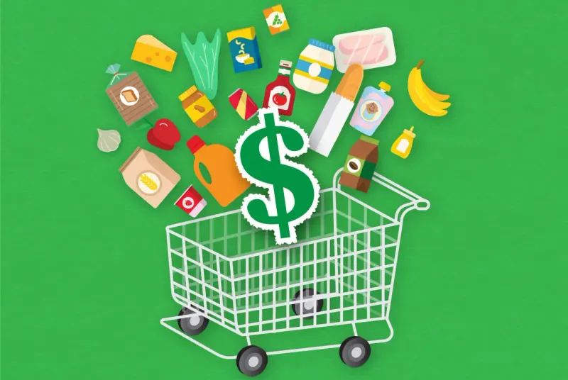 A toothpaste tube and shampoo bottle outweigh a microchip on a seesaw, representing Wall Street's defensive rotation.