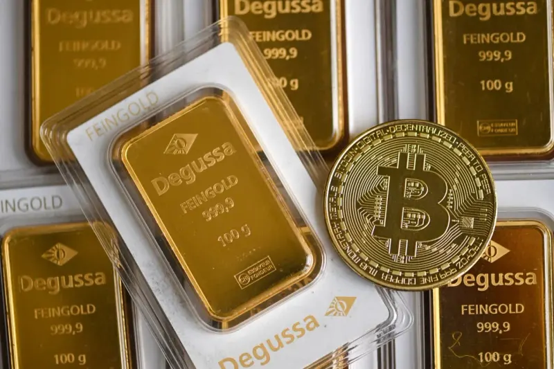 A financial seesaw lifts a gold bar and digital coin as dollar notes sink under the weight of bond buybacks.