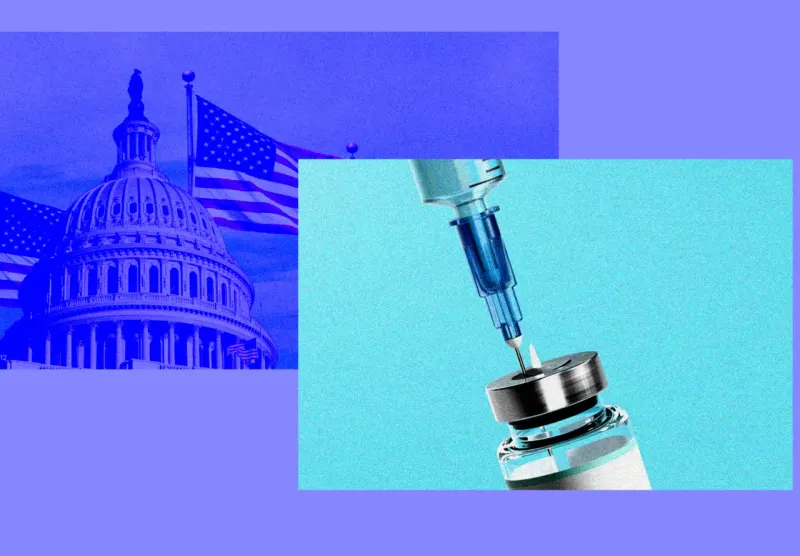 A government gavel lifts like a gate as six molecular strands pass, symbolizing cleared peptide production.