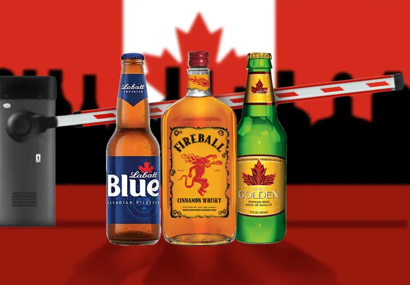 Three unlabeled drinks pass through a barred maple leaf, symbolizing brands avoiding the Canadian alcohol ban.
