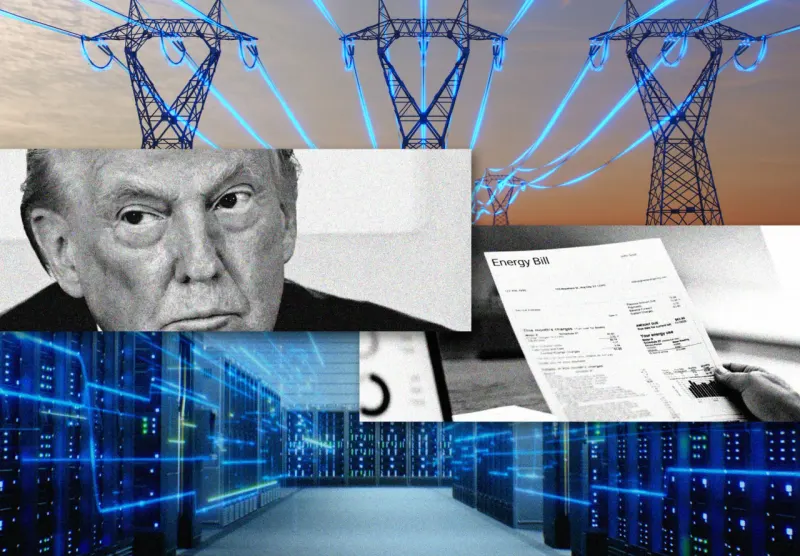 A server cube carries a small power plant while state-shaped circuit breakers surround it.