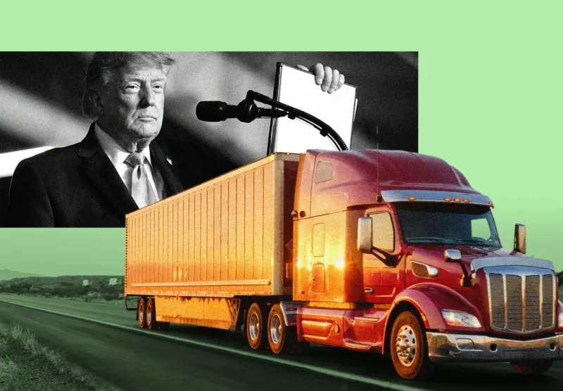 A red fuel droplet opens one highway barrier while a wall of tax coins blocks the road ahead.