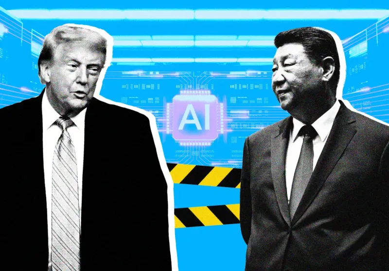 A fragile bridge with neural circuit guardrails symbolizes Trump-Xi talks on AI, trade and geopolitical tensions.