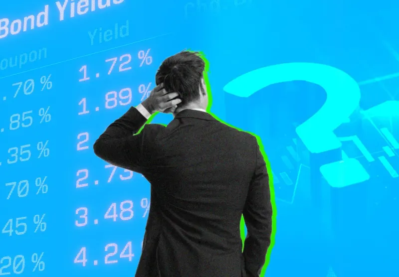 A rising arrow outweighs a scale pan stuck in tar as three stepping stones offer a route around bond weakness.