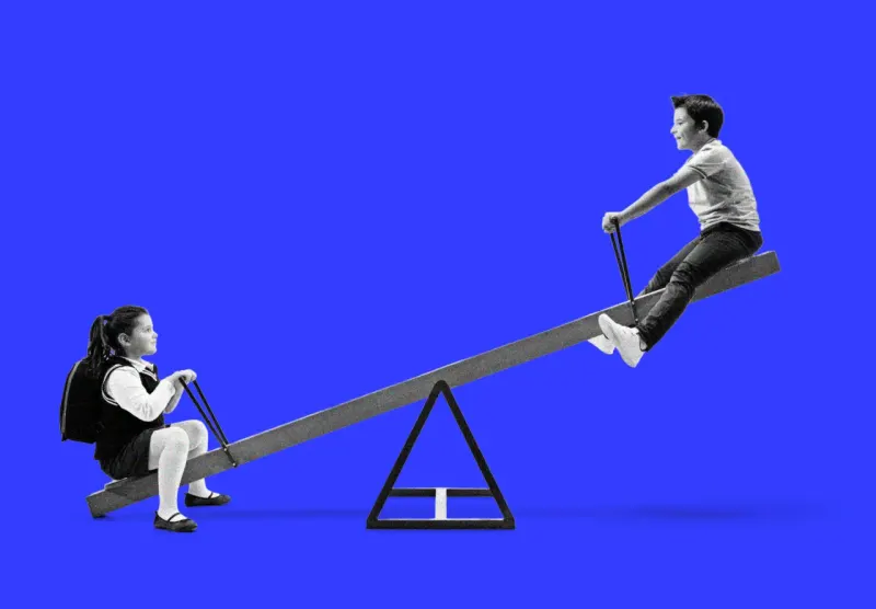 A cracked seesaw balances a fading microchip against a falling rate gauge, symbolizing a fractured market.