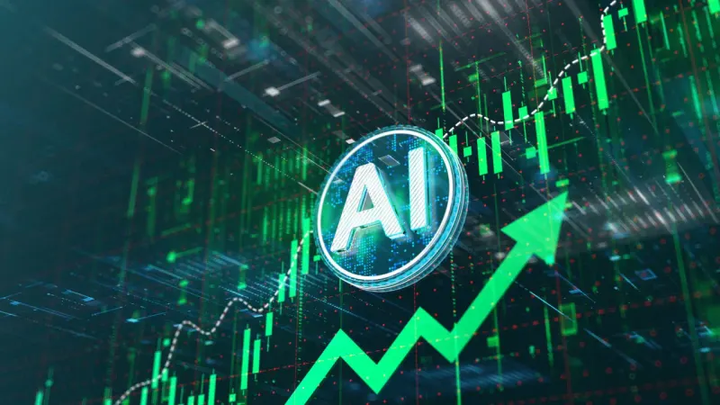 A silicon balloon is pulled toward a measuring ruler by a heavy weight, symbolizing rates disciplining AI valuations.
