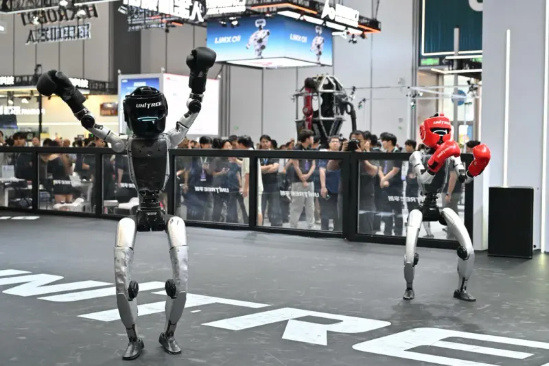 A humanoid robot shaped like a rocket rises from a red spring, symbolizing Unitree’s debut surge.