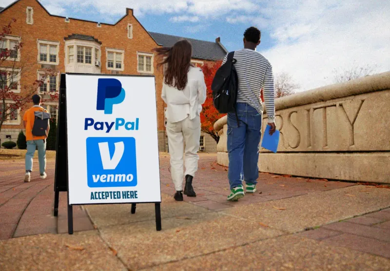 A graduation cap shaped like a digital wallet receives coins, symbolizing mobile tuition payments.