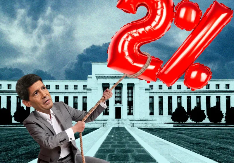 A modestly raised lever compresses an inflation balloon toward a small target, symbolizing the Fed's 2% goal.