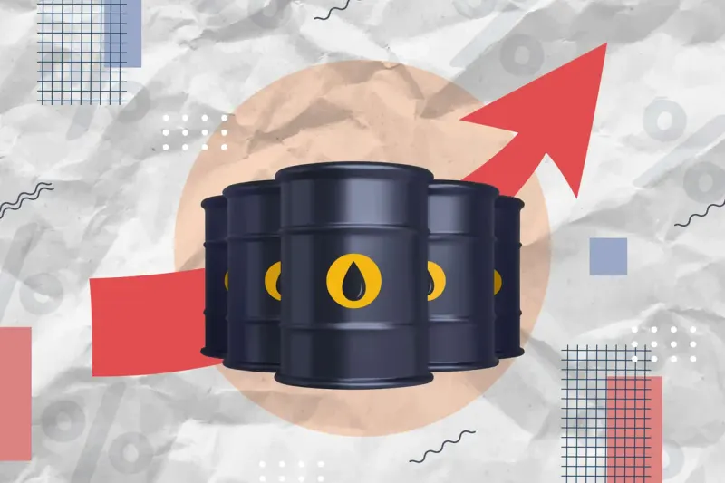 A balloon shaped like an oil droplet is anchored by a shrinking globe, symbolizing weak demand restraining prices.