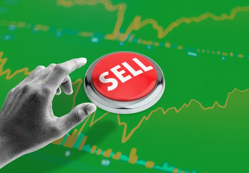 A stock chart becomes a compass pointing toward business fundamentals amid swirling price arrows.