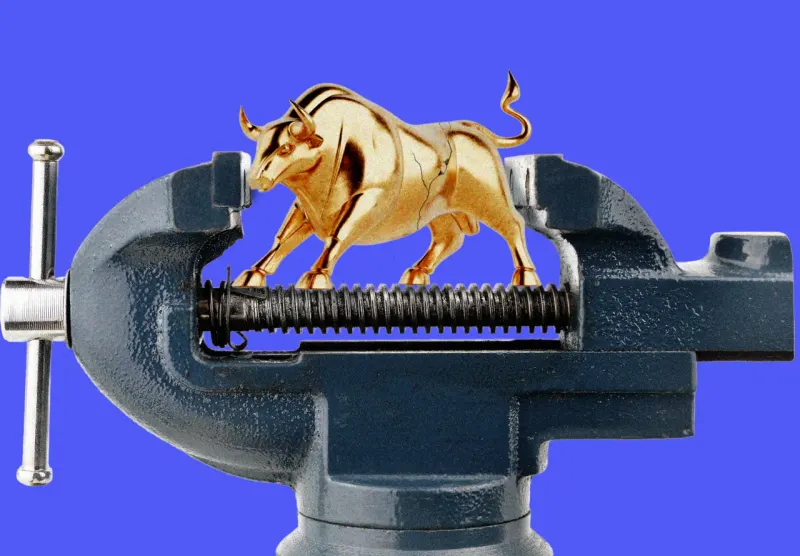 A globe squeezed in a steel vise as valuation bubbles deform, symbolizing tighter global financial conditions.