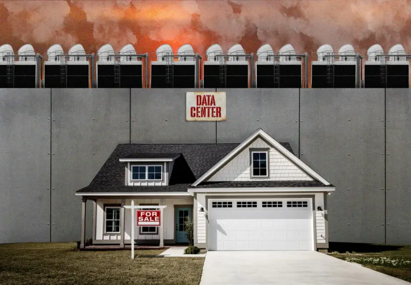 Editorial illustration for: Will a data center hurt your home’s value? Research says no. Sellers disagree.
