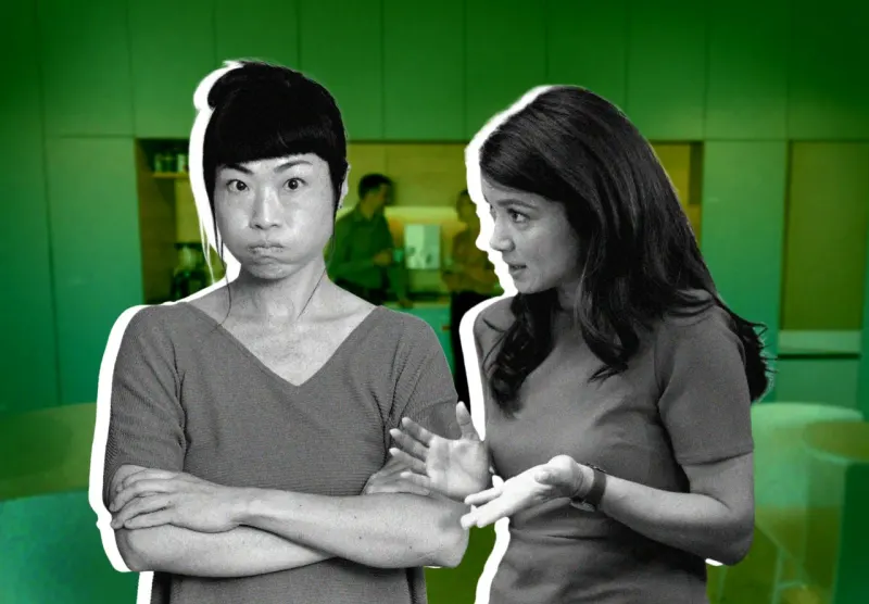 An overflowing speech-bubble fountain beside a locked safe symbolizes staff oversharing and a manager's privacy.